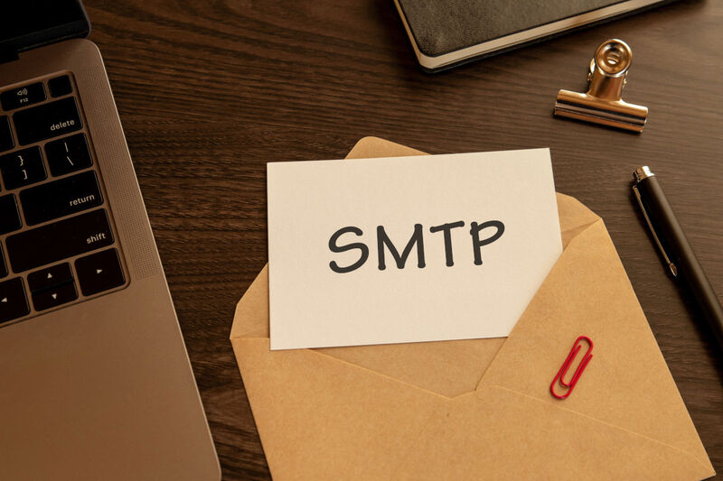 SMTP is an essential protocol when it comes to sending and receiving emails A word card with the word SMTP. It is an abbreviation for Simple Mail Transfer Protocol as eye-catching image.