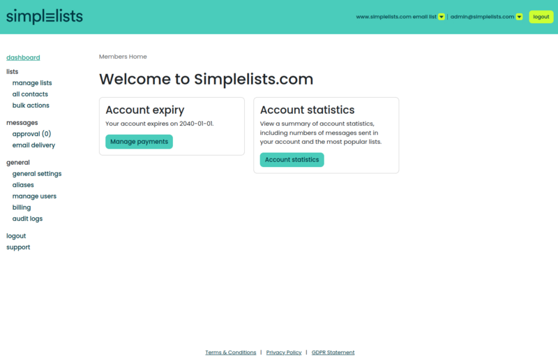 Simplelists Administrator Dashboard