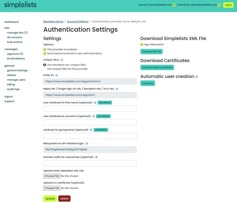 Simplelists Edit Authentication Provider