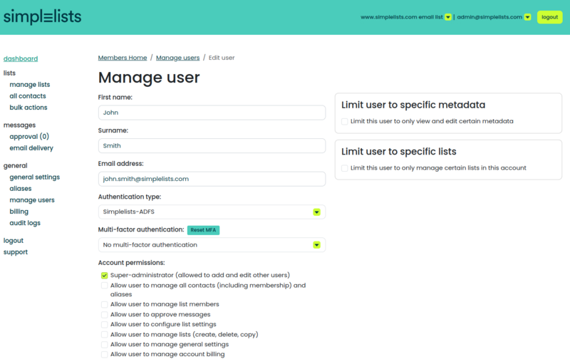 Shows Simplelists Modify User Authentication Type