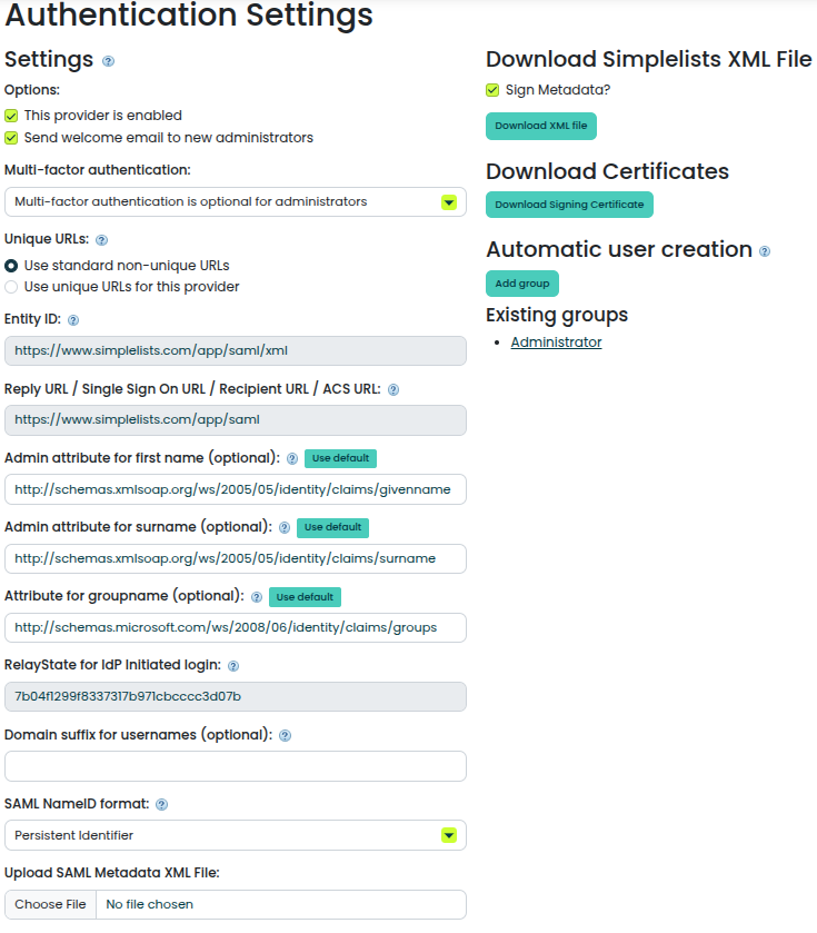 Enable the SAML Group Enable the SAML Group