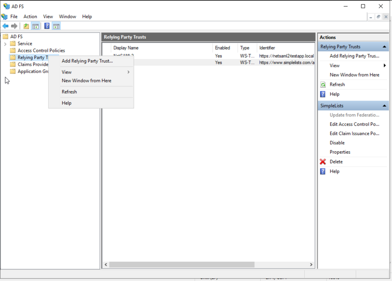 Shows the ADFS Admin tool selecting Replying Trust