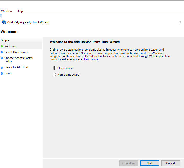 Shows ADFS Wizard - Select Claims Aware