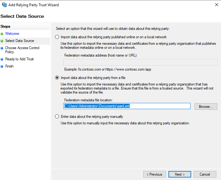 Shows ADFS Wizard - Select Data Source