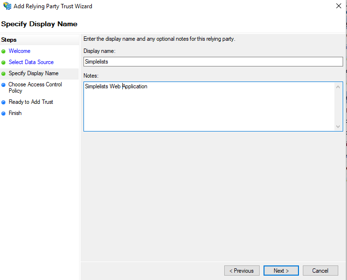 04-saml-adfs-replying-trust-wizard-03 Shows ADFS Wizard - Specify Display Name