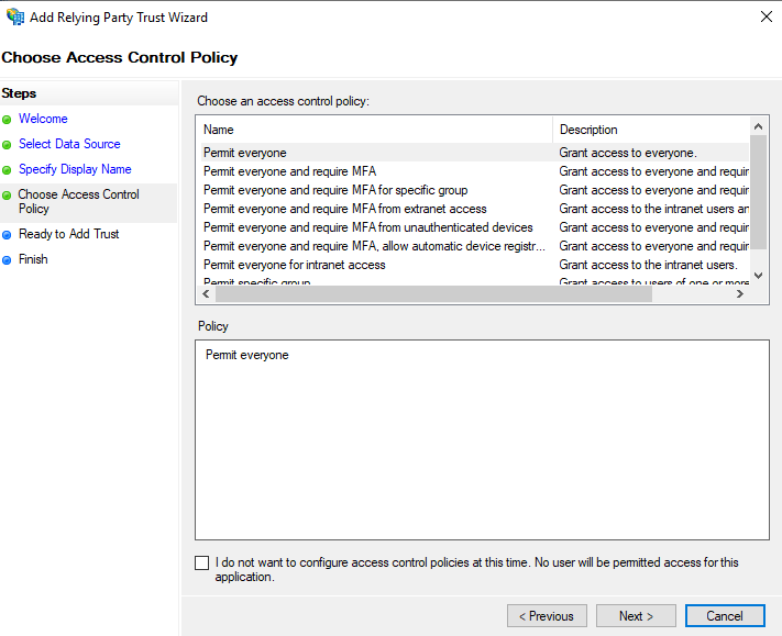 Shows ADFS Wizard - Choose Access Control Policy