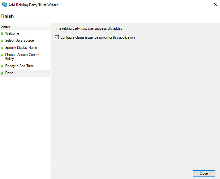 Shows ADFS Wizard - Successfully Added Relying Party Trust