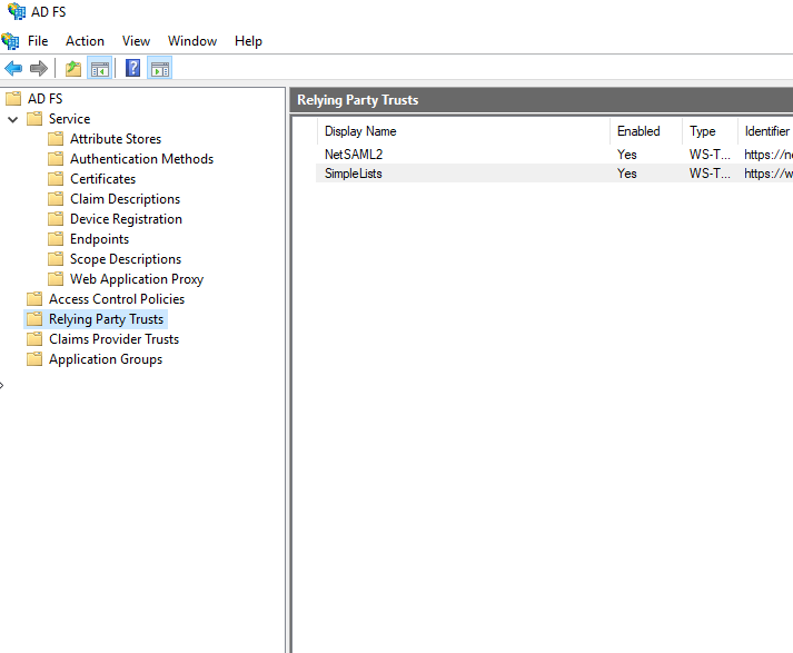 ADFS Tool Open displaying Relying Party Trusts