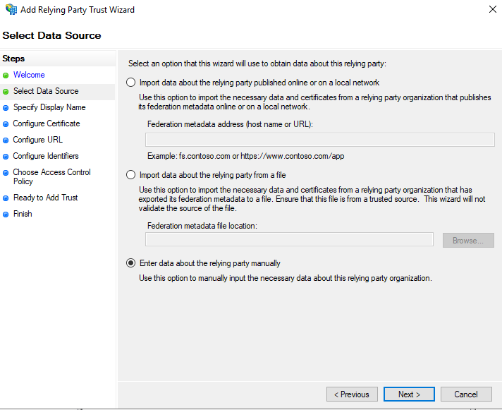 Shows Relying Party Trust Wizard - Select Data Source