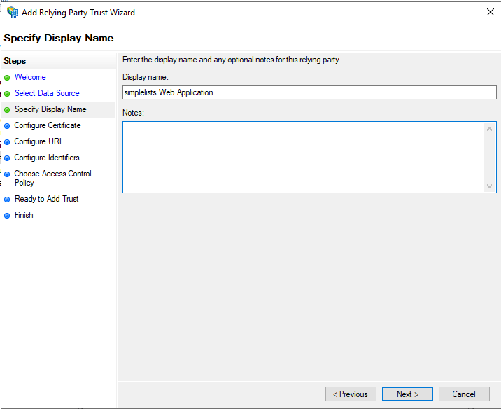Shows Relying Party Trust Wizard - Specify Display Name