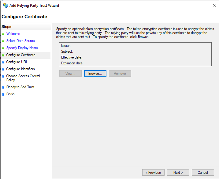 12-saml-adfs-relying-party-wizard-manual-04 Shows Relying Party Trust Wizard - Configure Certificate