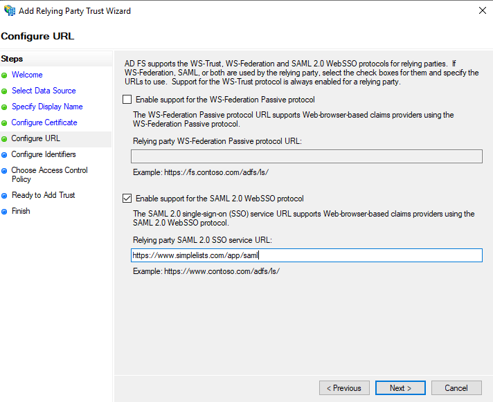 13-saml-adfs-relying-party-wizard-manual-05 Shows Relying Party Trust Wizard - Configure URL