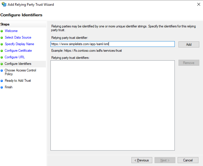14-saml-adfs-relying-party-wizard-manual-06 Shows Relying Party Trust Wizard - Configure Identifiers