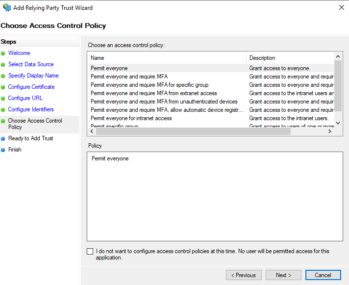 saml/adfs/16-saml-adfs-relying-party-wizard-manual-08 Shows Relying Party Trust Wizard - Choose Access Control Policy