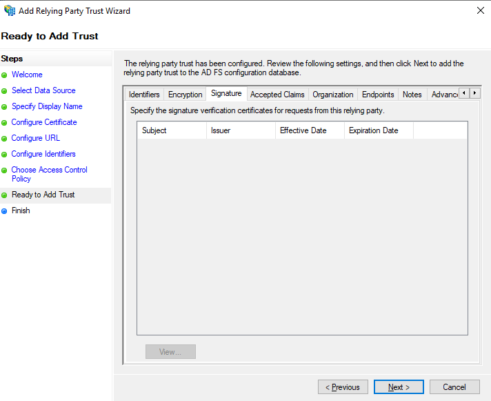 17-saml-adfs-relying-party-wizard-manual-09 Shows Relying Party Trust Wizard - Ready to Add Trust