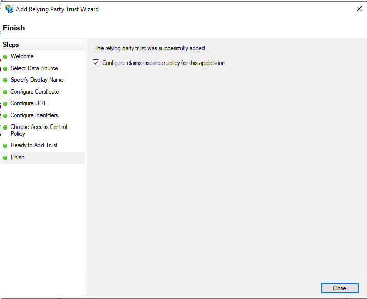18-saml-adfs-relying-party-wizard-manual-10 Shows Relying Party Trust Wizard - Finish