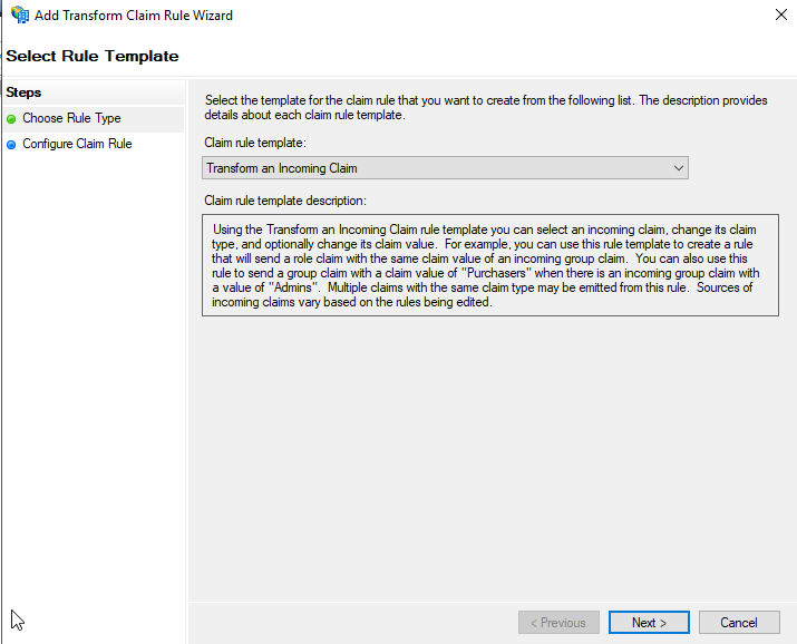 23-saml-adfs-claim-issuance-transform-rules-wizard-01 Shows Claim Issuance Transform Rules Wizard - Choose Rule Type