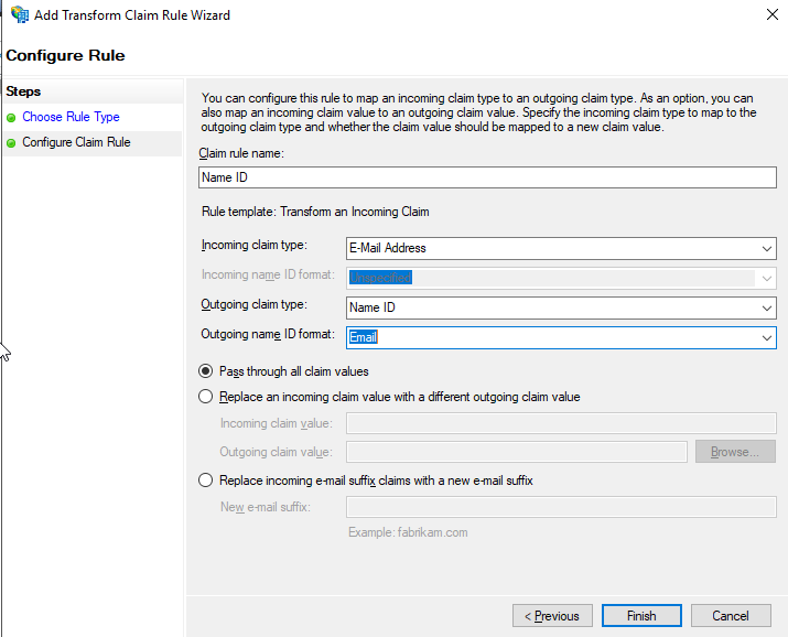 24-saml-adfs-claim-issuance-transform-rules-wizard-02 Shows Claim Issuance Transform Rules Wizard - Configure Claim Rule