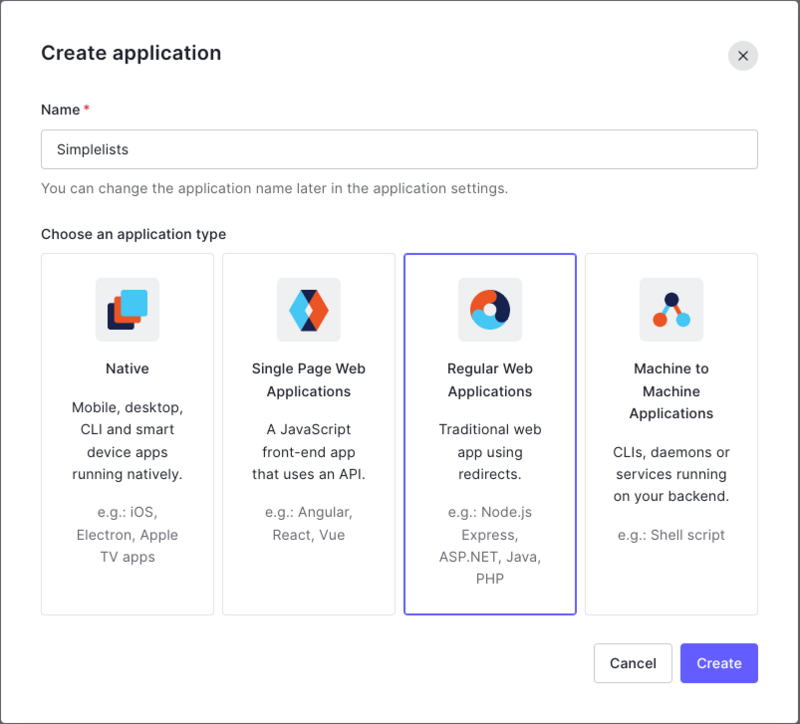 Shows Auth0 Create Application page