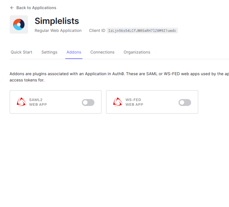 Shows Application Addon to Enable SAML2 WebApp