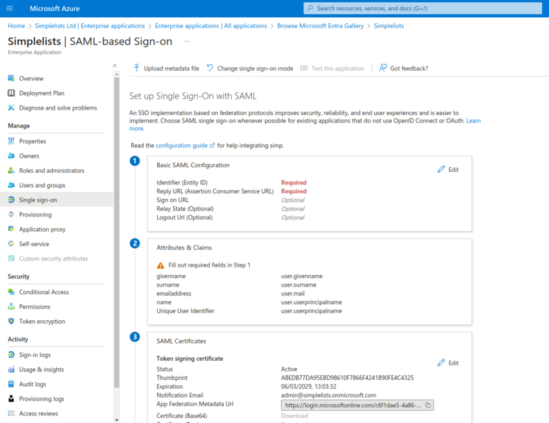 Setup single signon with SAML