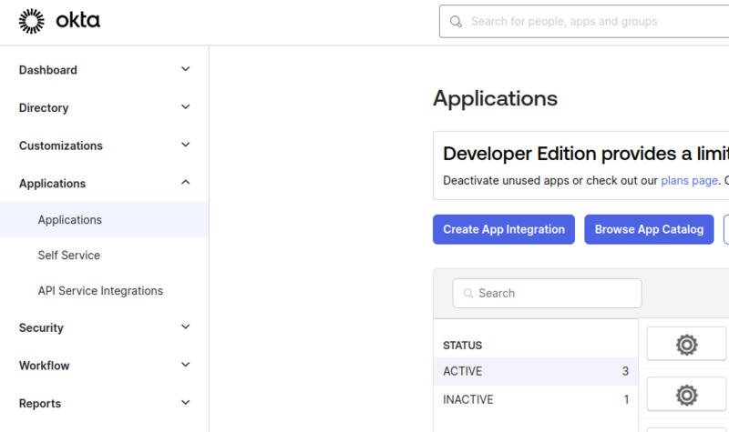 Shows the Okta Dashboard with Applications selected