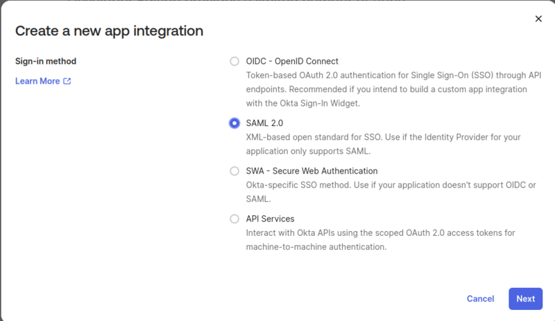 Shows Create new app integration SAML 2.0 selected
