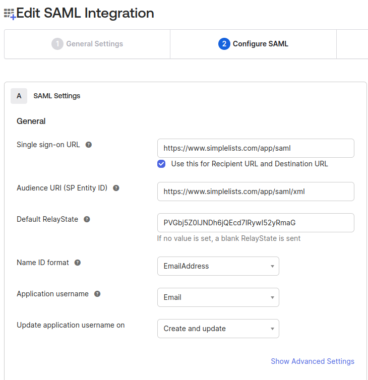 04-saml-okta-configure-saml Shows Create SAML 2.0 Integrarion - Configure SAML