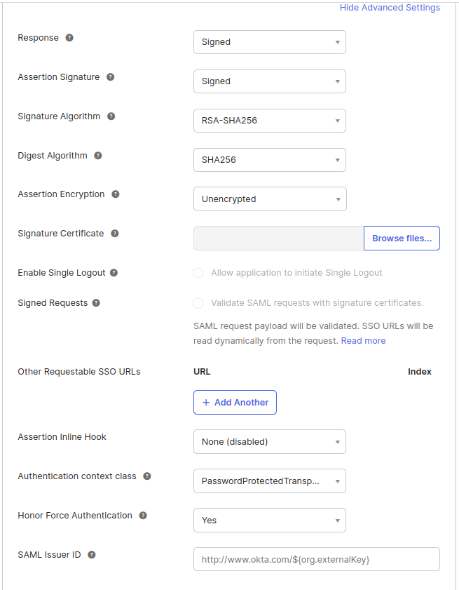 05-saml-okta-configure-saml-advanced Shows Advanced SAML Configuration Settings