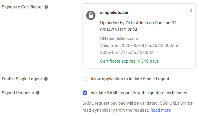 Shows SAML setting to validate requests