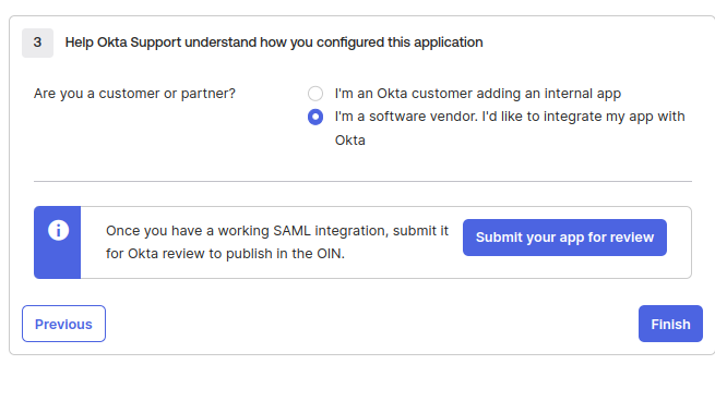 09-saml-okta-save-settings Shows a button to finalize settings and save
