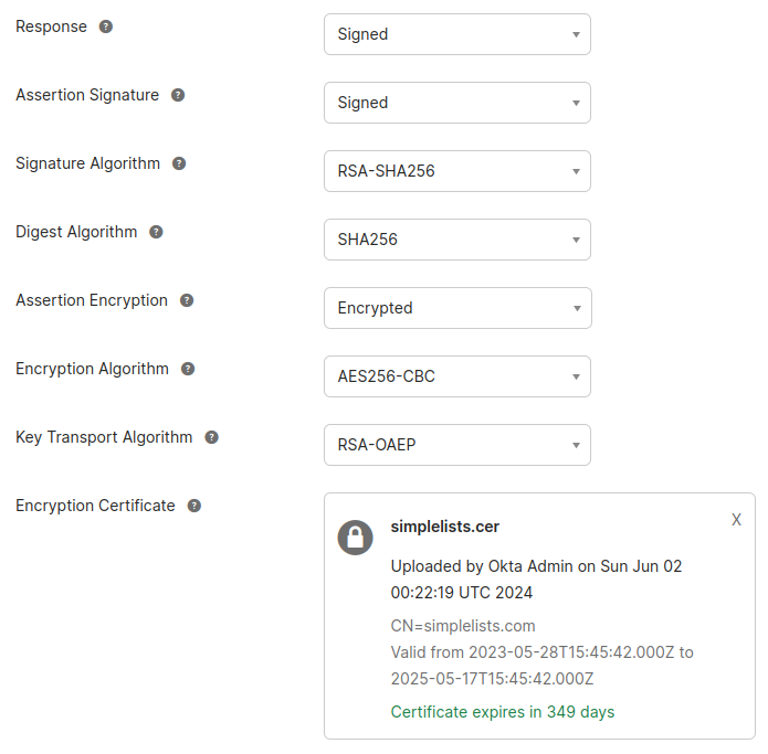 10-saml-okta-configure-encryption Shows Assertion Encryption Options