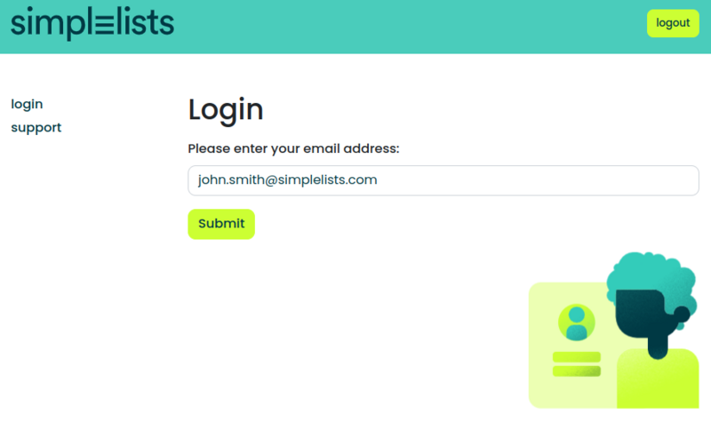 Shows the Simplelists Login page