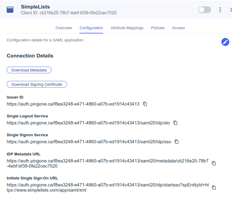 Shows the Download Metadata page