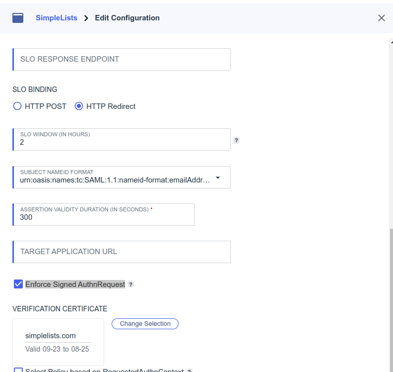Shows Configuration to Enforce Signed AuthnRequests